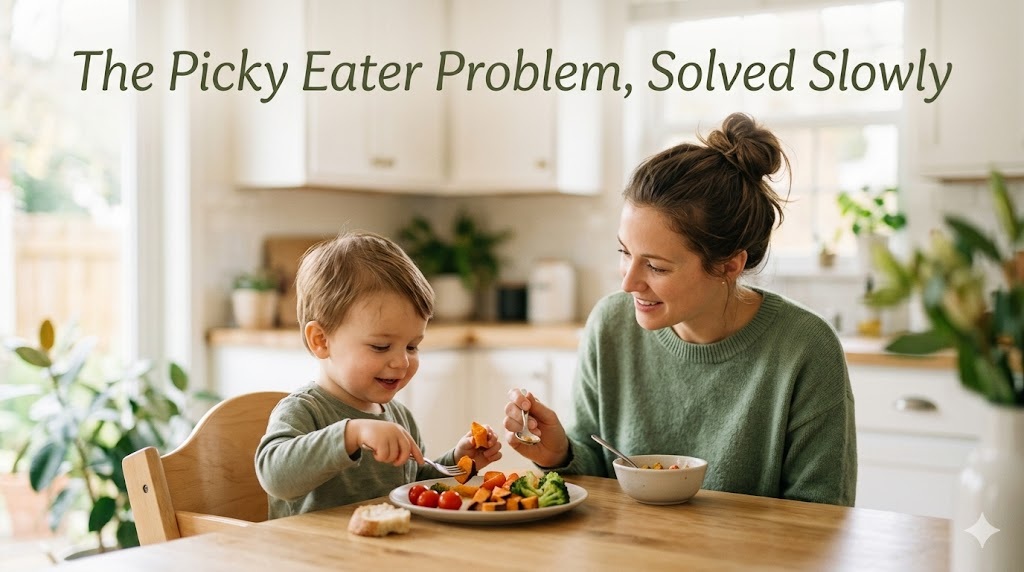 A young child looking suspiciously at a plate of vegetables on a wooden table