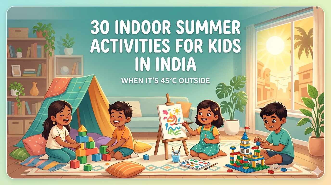 Two children building a bedsheet fort in a softly lit living room during an Indian summer afternoon