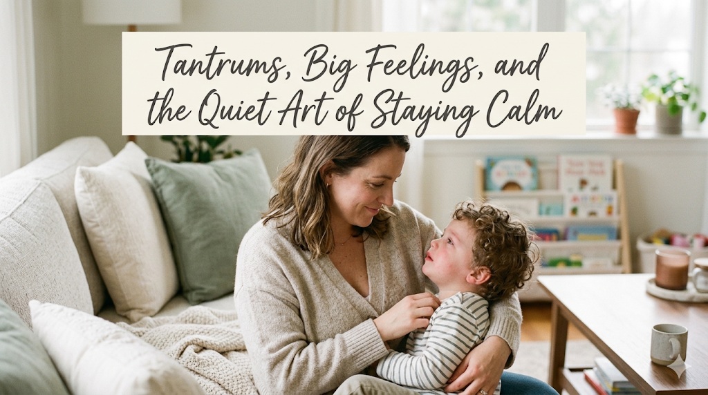 A toddler crying on the floor with a parent kneeling calmly nearby