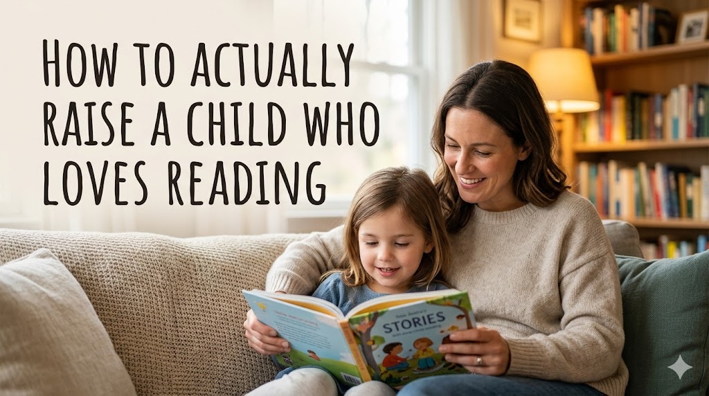 A child reading on a sunlit floor with books spread around them