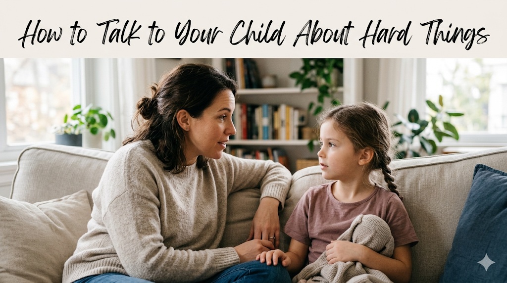 A parent and child talking quietly together on a sofa in soft light